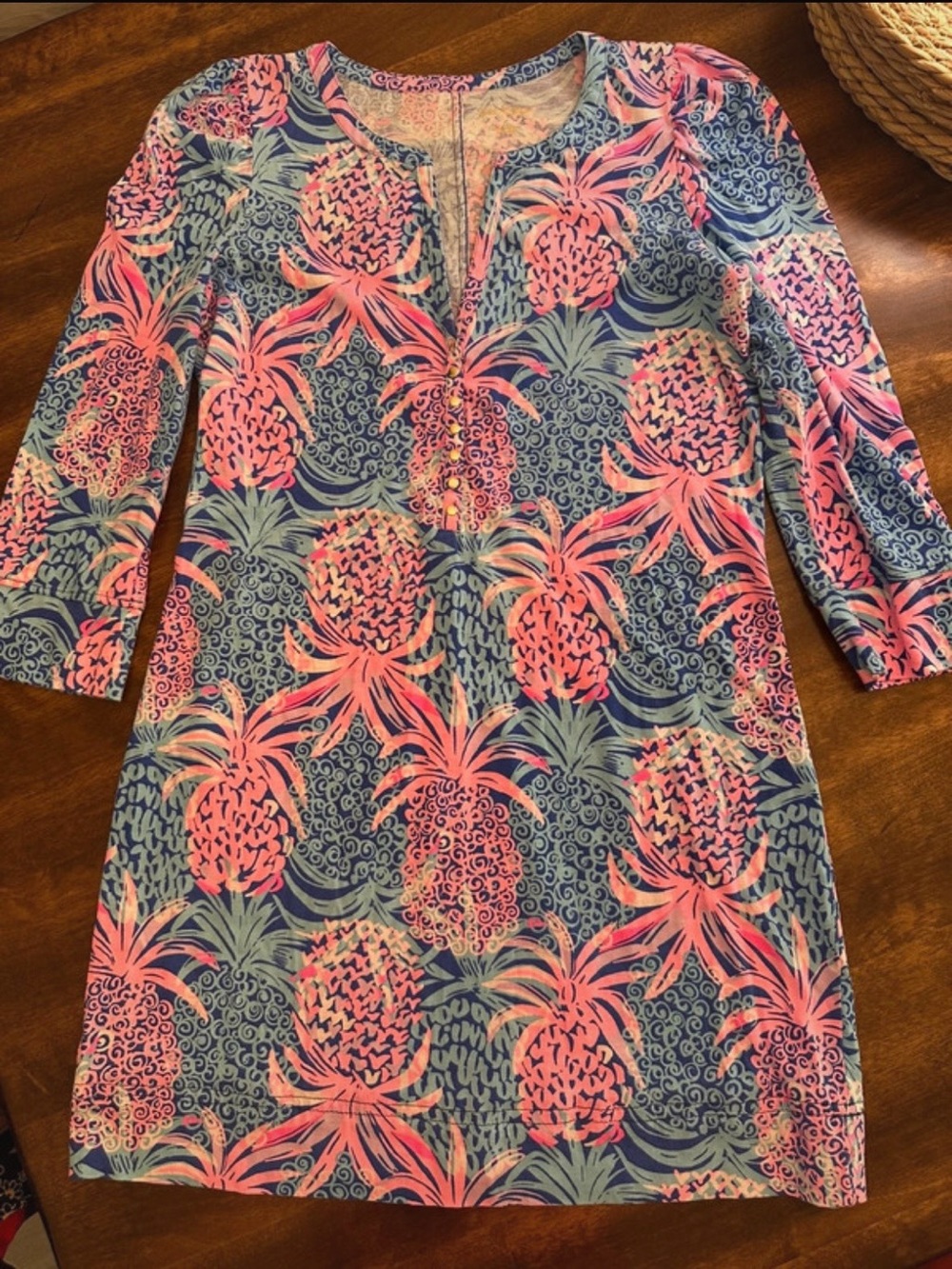 Lilly Pulitzer Sophie Dress Pineapple Print Size Small Blue Pink Gold Zip
